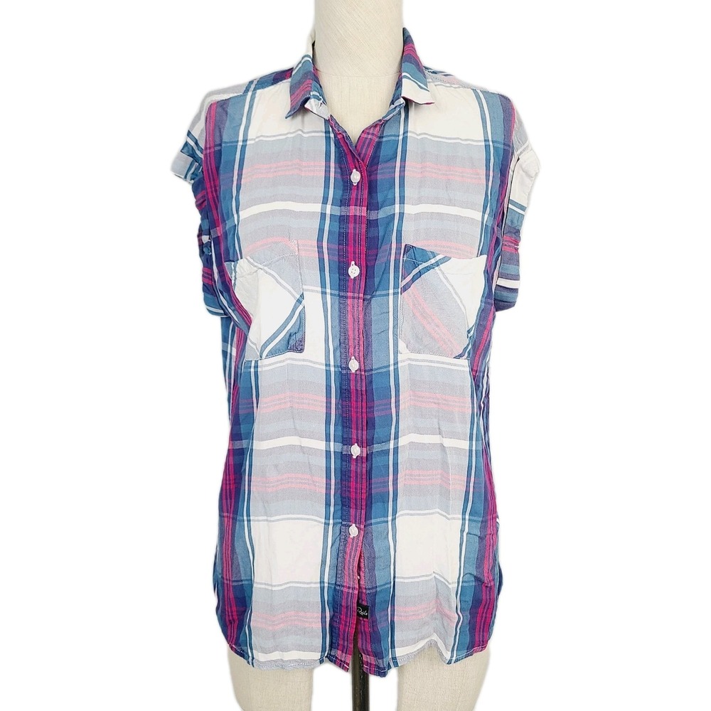 Rails Plaid Button Front Top Blue Pink Short Sleeve Rayon Lightweight S Casual